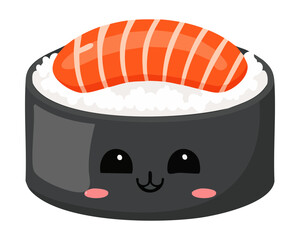 Cute sushi character with salmon slice and happy face delicious japanese seafood snack for kids menu - Vector Illustration © powdesign