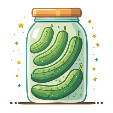 Glass jar of pickled cucumbers with fresh dill healthy fermented vegetable snack for kitchen pantry storage icon - Vector Illustration