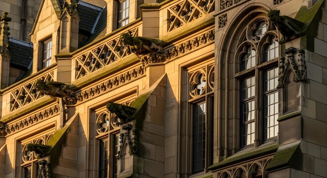 Sunset on romantic neo‑Gothic facade with steep gables, traceried windows, carved finials and moss‑touched stone, creating a storybook skyline and richly layered vertical rhythm across this historic E