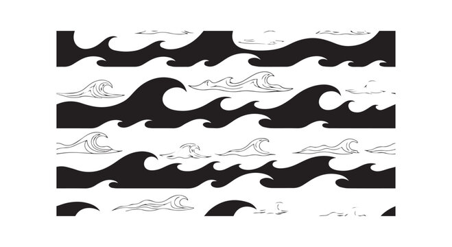 Ocean wave pattern collection, black and white set of seamless wave borders and elements, sea surface design.