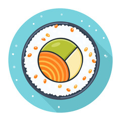 Fresh salmon maki roll with cucumber and rice on light blue circle frame for japanese restaurant branding - Vector Illustration © powdesign