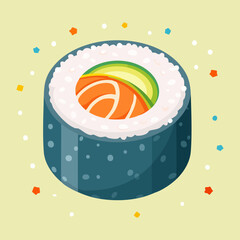 Classic salmon sushi roll with nori wrap on light yellow square for asian food menu and delivery - Vector Illustration © powdesign