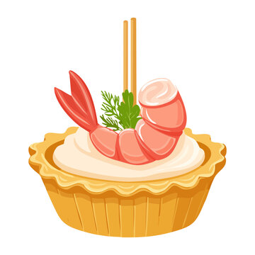 Tasty prawn tartlet with white cream sauce and herb garnish on yellow frame for seafood restaurant menu - Vector Illustration