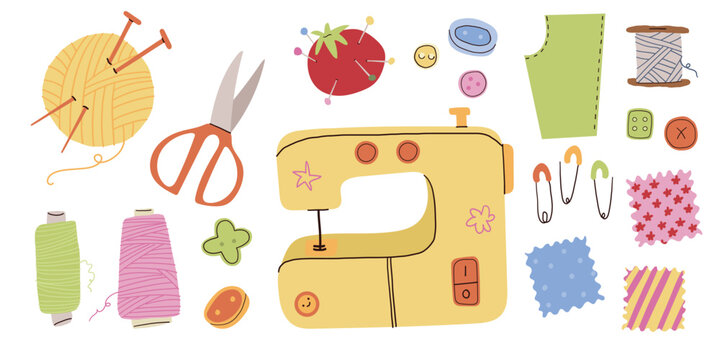 Cute hand drawn sewing machine, knitting yarn, and needlework tools. Vector illustration of tailor equipment and craft supplies.