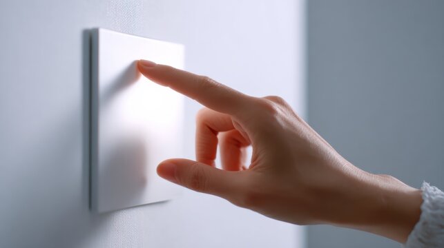 Closeup hand touching dimmer panel for smart home office setup, touchsensitive interface, cool daylight tone, sleek white plate, wrist cuff visible adjusting brightness for video call