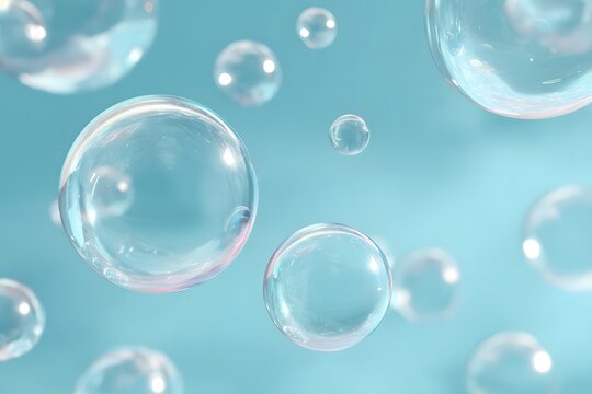 Transparent water bubbles floating on a blue background with a clean and shiny design