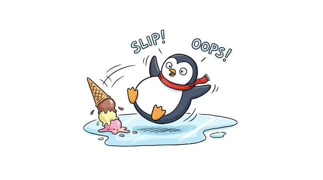 Cute cartoon penguin slipping on ice with dropped ice cream cone.