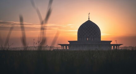 Obraz premium Silhouette of Mosque at Sunset - Serene Landscape.
