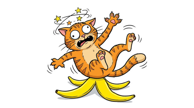 Funny cartoon illustration of a ginger tabby cat slipping on a banana peel.