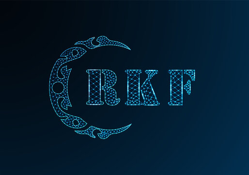 Low poly letter logo RKF design. RKF letter logo low poly vector design on blue color gradient background. RKF logo low poly design