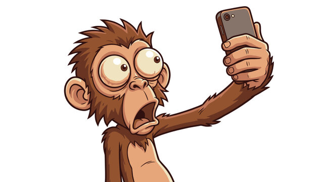 A surprised cartoon monkey holding a smartphone taking a selfie.