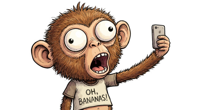 Cartoon monkey taking a funny selfie with a smartphone.