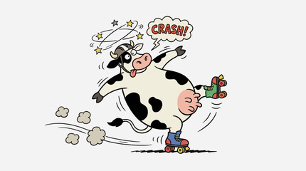 Fototapeta premium Funny cartoon cow losing balance while roller skating.