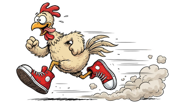 Funny cartoon chicken running fast wearing red sneakers.