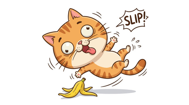 Funny cartoon orange tabby cat slipping on a banana peel.
