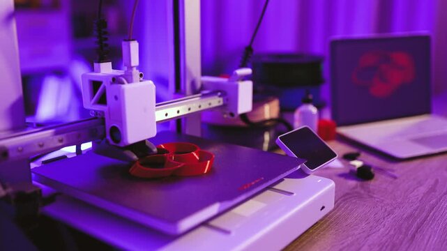A modern 3D printer is actively creating a red plastic object on its build plate under purple ambient lighting, with a laptop displaying a design in the background