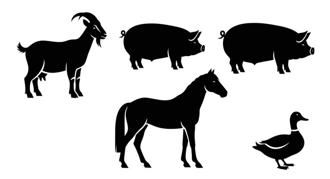 Farm Animals Silhouettes Collection: Goat, Pigs, Horse, and Duck Icons
