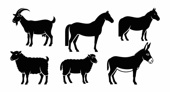 Farm Animals Silhouettes Set: Goat, Horse, Sheep, Donkey Icons