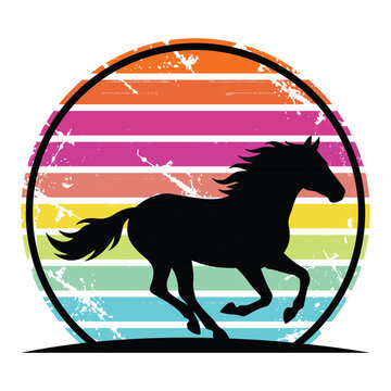Running Horse - Stallion silhouette galloping across a vintage distressed rainbow sunset background
