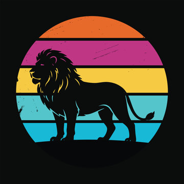 Lion King - Majestic lion silhouette with vibrant retro striped background and minimalist style