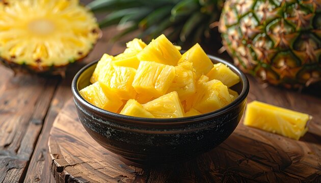 A bowl of pineapple chunks on a wooden table with a whole pineapple