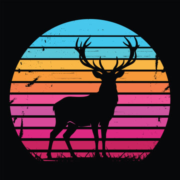 Majestic Deer - Buck silhouette with antlers standing in grass against a retro synthwave sunset