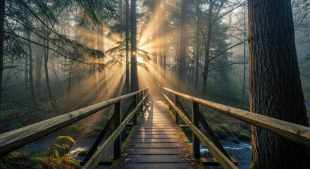Fototapeta premium A serene wooden bridge in a misty forest with sunlight rays piercing through the dense canopy of tall trees.