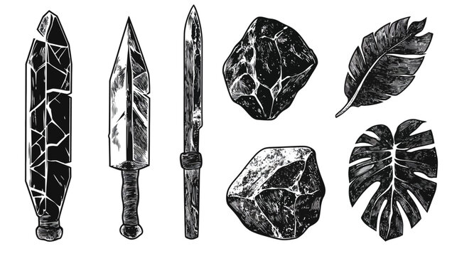 Black and white illustration featuring stone and plant objects and tools, hand drawn style on a white background