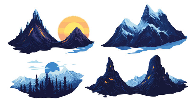 Four pixel art landscapes showcasing mountains, sun, trees, and water in a vibrant, stylized manner