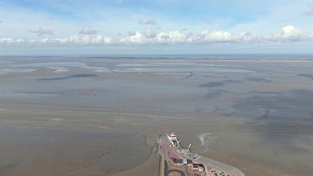 Aerial view of ferry terminal Holwerd to Ameland Wadden Sea