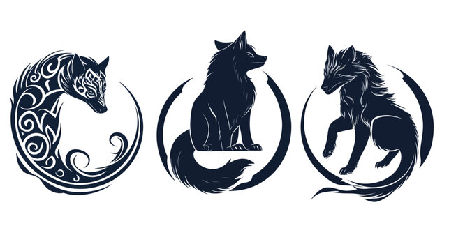 Three stylized, dark blue wolf illustrations, each within a crescent, with varying poses