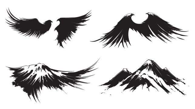Four black ink illustrations featuring bird wings and mountain ranges on a white background