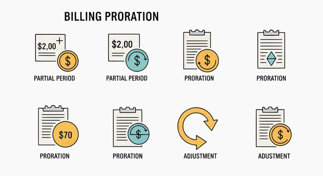 Billing proration icons illustrate partial period and adjustment concepts on documents