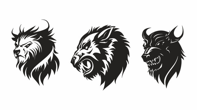 Three stylized, fierce animal head illustrations in black and white, side profiles on a white background