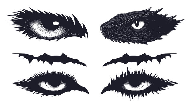 A stylized illustration featuring pairs of eyes with dramatic, spiky detail and bat-like shapes