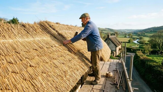 A traditional thatching craftsperson works the ridge line of a cottage roof, standing on a wooden staging and driving reed bundles into position with a leggett, the completed lower