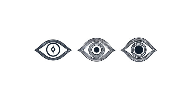Three stylized, sketched eye designs with concentric circles, varied details, on a clean, white background