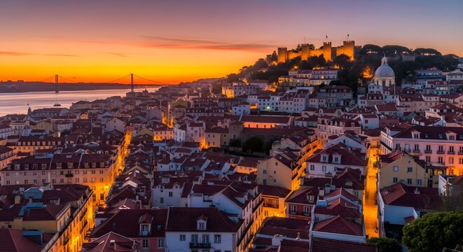 Panoramic twilight cityscape of a historic European capital overlooking a vibrant waterfront bay, showcasing illuminated architecture, ancient castle, and a stunning sunset glow over the urban sprawl