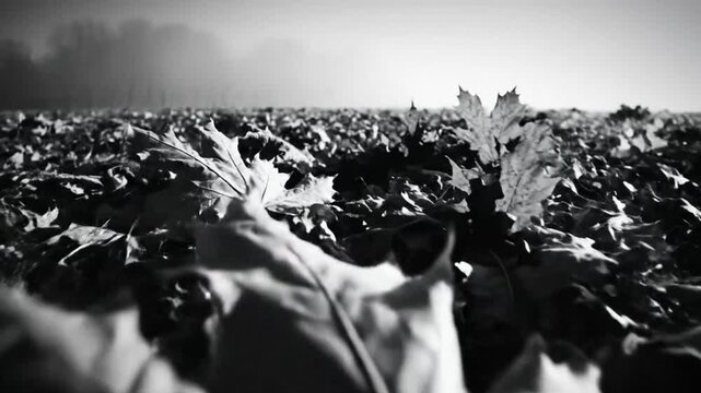Low angle black and white shot of autumn leaves and grass in a field with trees in the distance
