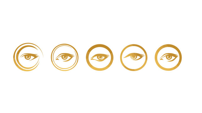 Five gold eye logos in circles, each with a different stylized design on a white background