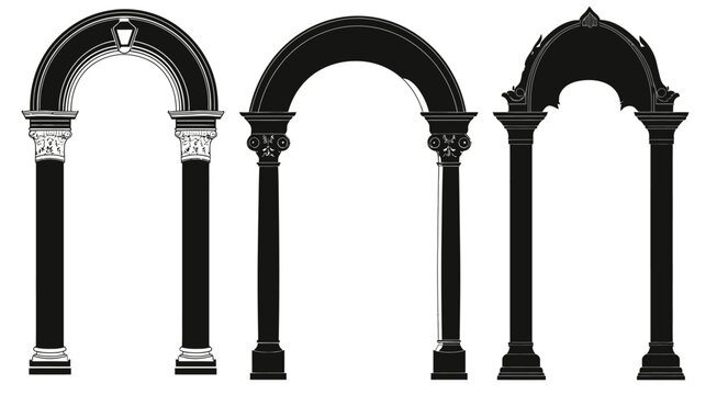 Three stylized archways with columns and varying capitals. Classic architectural elements