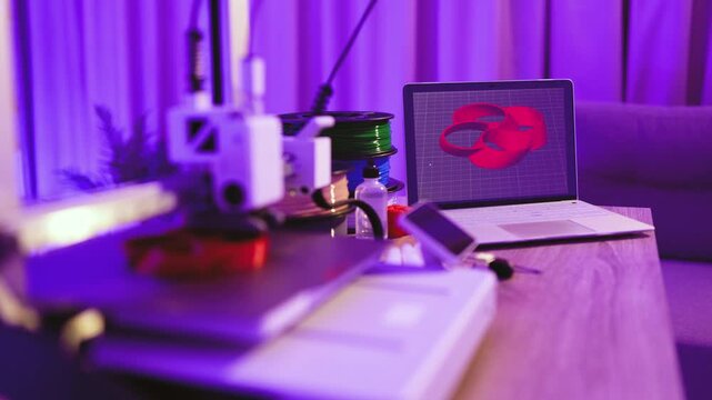 A 3D printer is actively creating a red object while a laptop displays its digital model, surrounded by filament spools and supplies