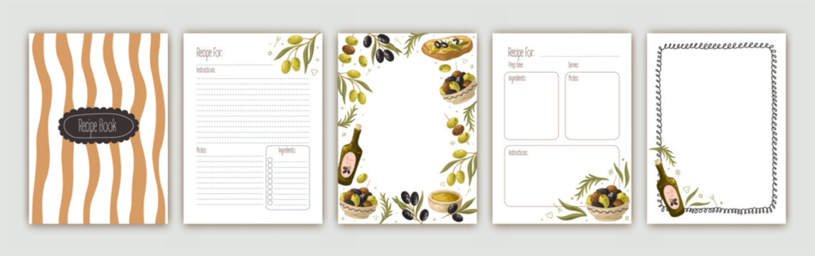 Templates for a cozy recipe book. The blank pages for your recipes. Mediterranean Cookbook. Vector.
