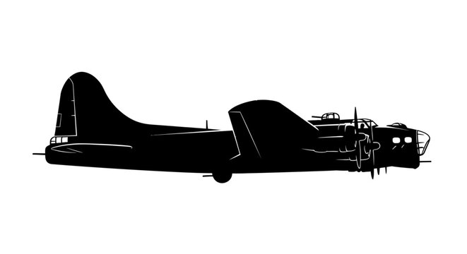 Silhouette of a B-17 Flying Fortress bomber aircraft, vintage WWII airplane side view.
