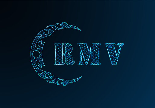 Low poly letter logo RMV design. RMV letter logo low poly vector design on blue color gradient background. RMV logo low poly design