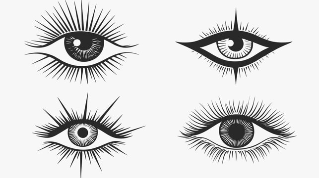 Four stylized eye illustrations with rays, eyelashes, and detailed irises, black on white background
