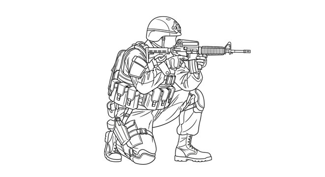 Soldier kneeling, aiming assault rifle, tactical gear, military action, combat readiness