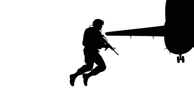 Soldier rappelling from helicopter silhouette, military action, airborne operation, special forces.