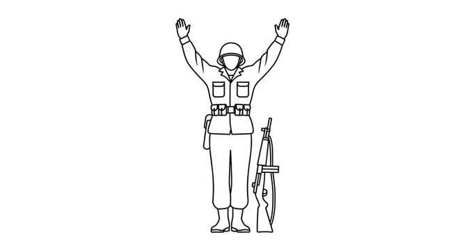 Soldier with hands up, surrendering, military, war, protest, protestor, army, weapon, rifle, uniform, vintage, drawing, illustration, black and white