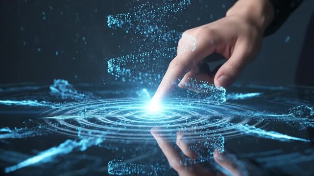 Futuristic Technology Interface Activation - Hand Touching Holographic Display.
